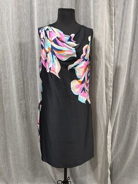 Ann Taylor LOFT Sleeveless Black Shift Dress with Watercolor Floral Print